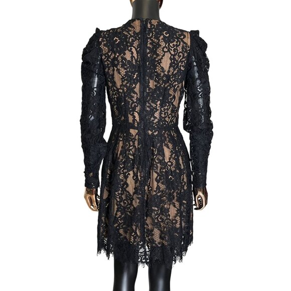 Michael Kors Lace Dress Black Puff Sleeve Nude Lining Floral Overlay Party SZ 4 - Picture 4 of 14
